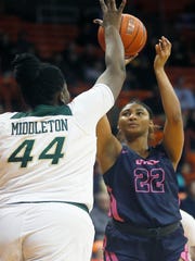 UTEP's Dejanae Roebuck takes a shot against Charlotte during the game Thursday, Feb. 6, at the Don Haskins Center in El Paso.