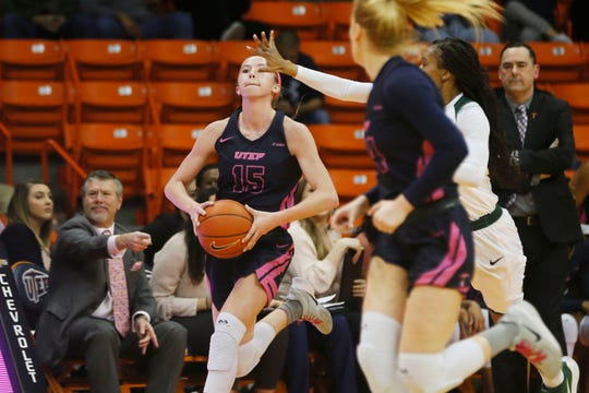 UTEP's Avery Crouse attempts a buzzer beater before the end of the first half during the game against Charlotte Thursday, Feb. 6, at the Don Haskins Center in El Paso.