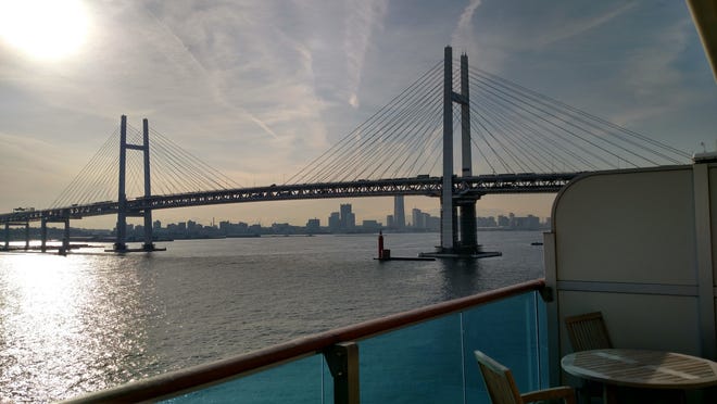 A bridge in Yokohama, Japan, can be seen from the balcony of the Diamond Princess suite of Matt Smith and Katherine Codekas. The couple and fellow passengers are quarantined for at least 14 days on the cruise ship due to some passengers testing positive for coronavirus.