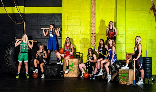 Area girl basketball players are ready to stand strong against their competition this week as the first round of tournament play begins. (L-R) Huntington’s Allison Basye, Unioto’s Emily Coleman, Southeastern’s Macie Graves, Westfall’s Marcy Dudgeon, Paint Valley’s Baylee Uhrig, Adena’s Hannah Stark, Waverly’s Paige Carter, Zane Trace’s Lauren Lane, and Piketon’s Ally Ritchie. Photo taken at CrossFit Incognito in Chillicothe.  