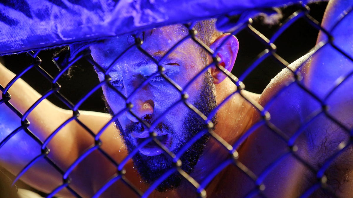 Dominick Reyes reacts after his fight against Jon Jones during UFC 247.