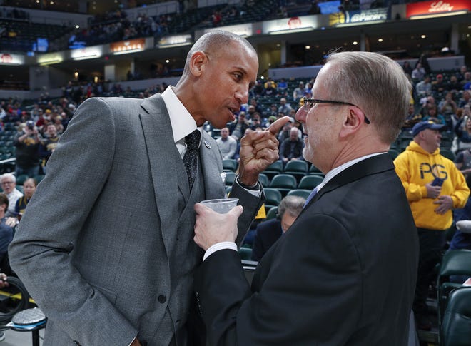 Jan. 17, 2019: Former Indiana Pacer Reggie Miller and Pacer director of media relation David Benner, went through  their original pregame ritual before the start of a game at Bankers Life Fieldhouse. As a Pacer, MIller would get in Benner's face yelling at him while pointing his finger.