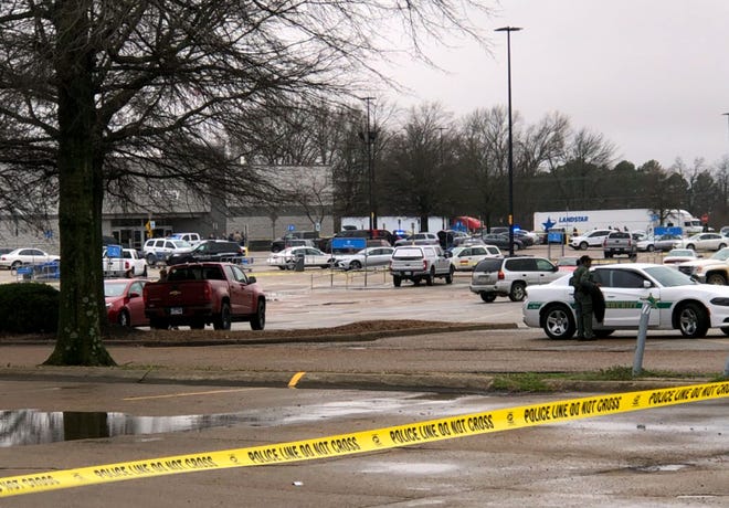 The scene outside the Walmart in Forrest City, Arkansas, on Feb. 10, following a shooting inside the store.