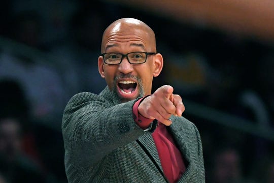 Phoenix Suns head coach Monty Williams instructs his team during the second half of an NBA basketball game against the Los Angeles Lakers, Monday, Feb. 10, 2020, in Los Angeles. The Lakers won 125-100. (AP Photo/Mark J. Terrill)