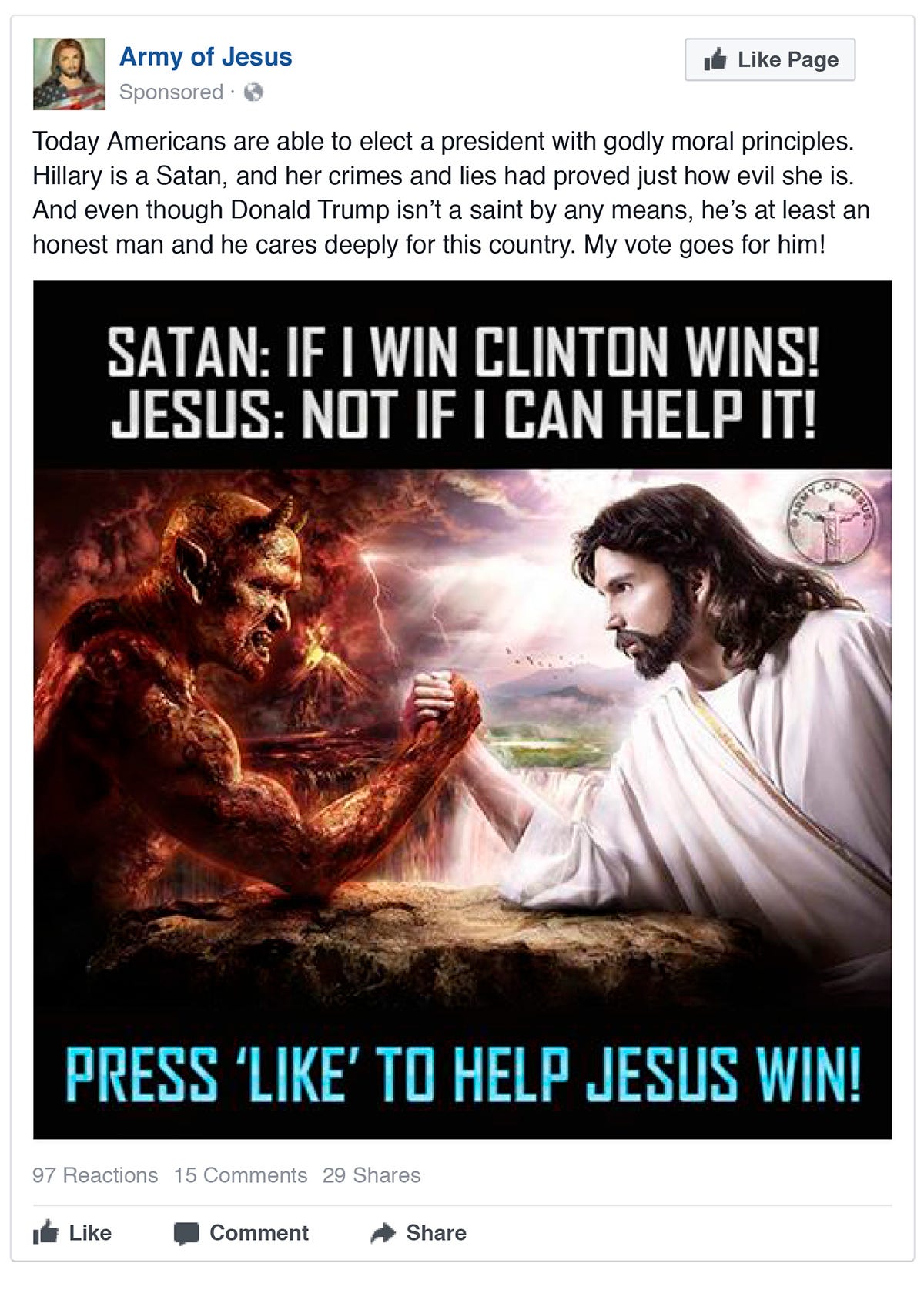 Researchers have discovered that this social media post from the 2016 presidential election actually came from a Russian-created group that targeted conservative Christians.