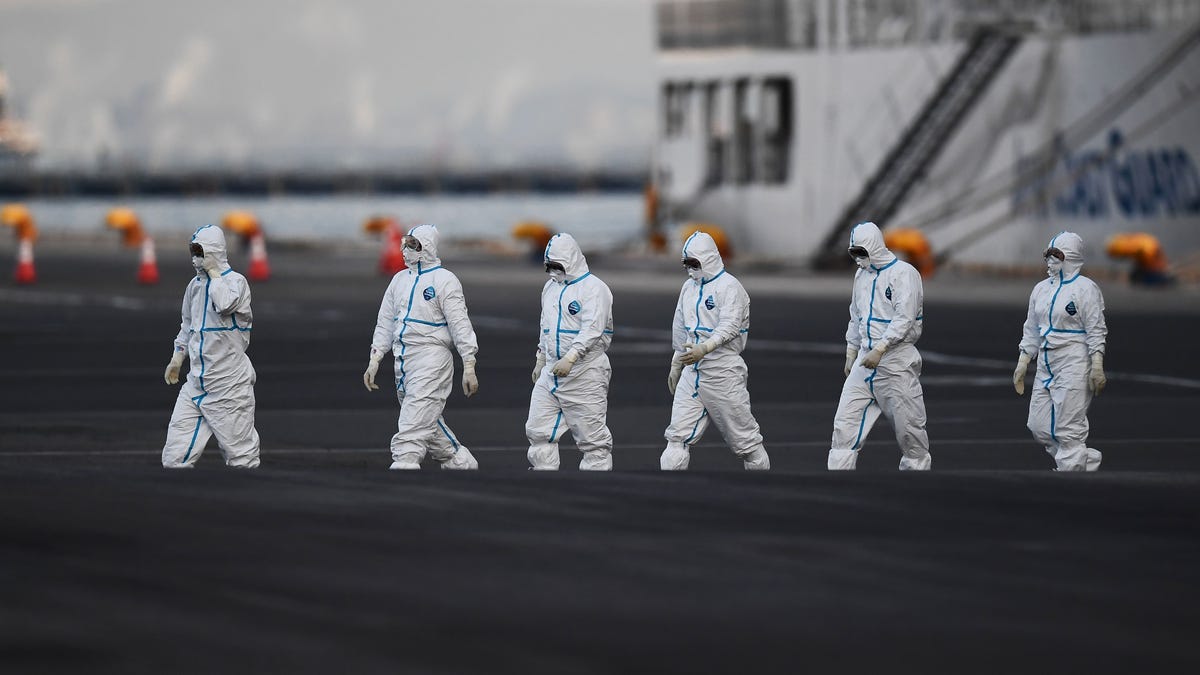 People wearing protective suits walk from the Diamond Princess cruise ship, with thousands of people quarantined onboard due to fears of the new coronavirus, at the Daikoku Pier Cruise Terminal in Yokohama port on February 10, 2020.
