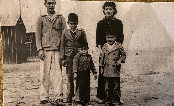 This photo dates back to the time during World War 2 when the family of current San Francisco County Sheriff Paul Miyamoto — the first Asian American sheriff in California history — were interned along with thousands of other Japanese Americans, in their case at the Heart Mountain detention center in Wyoming. From left to right, back row: Sheriff Miyamoto's grandfather, Joe Miyamoto; Miyamoto's father, Phil; and his mother, Asaye Mae Miyamoto. Front row (left to right): Miyamoto's uncles, Keith Miyamoto and Donald Miyamoto. Phil Miyamoto became a California appellate court judge.