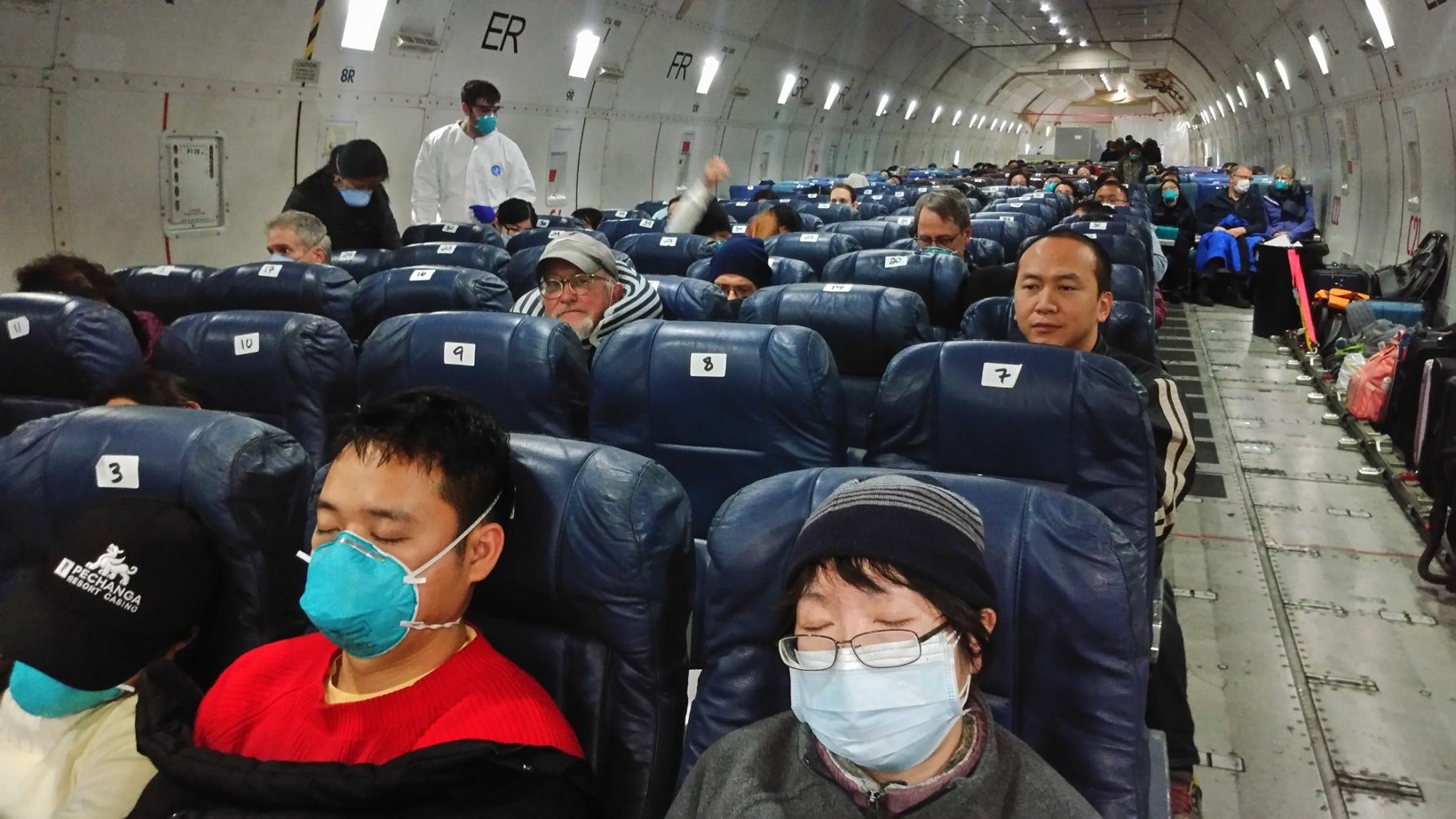 Passengers fly from Wuhan, China to California on Feb. 5, 2020.