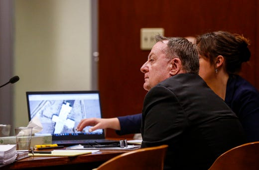 Defendant Jerry Burns listens to witness testimony as a map of Westdale Mall in 1979 is presented during his trial at the Scott County Courthouse in Davenport on Wednesday, Feb. 12, 2020.