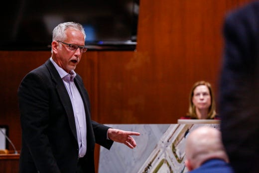Jeffrey White, of Toddville, responds to questions while looking at a map of Westdale Mall in Cedar Rapids as it looked in 1979 during the trial of Jerry Burns at the Scott County Courthouse in Davenport on Wednesday, Feb. 12, 2020. White was at a choir banquet with Michelle Martinko the night she was killed.