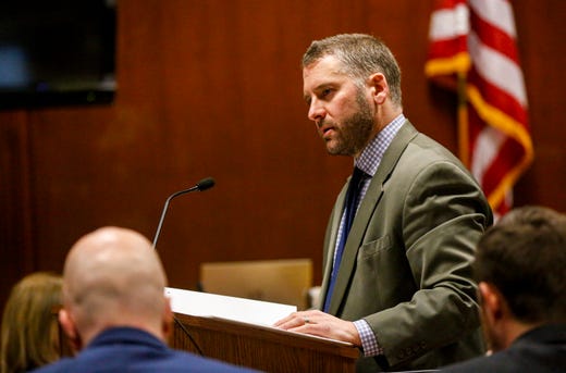 First Assistant Linn County Attorney Nick Maybanks gives an opening statement during the trial of Jerry Burns at the Scott County Courthouse in Davenport on Wednesday, Feb. 12, 2020.
