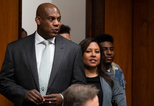 Mel Tucker and his wife wife Jo-Ellyn, enter the Board of Trustees meeting at Michigan State University, Wednesday, Feb. 12, 2020 in East Lansing.