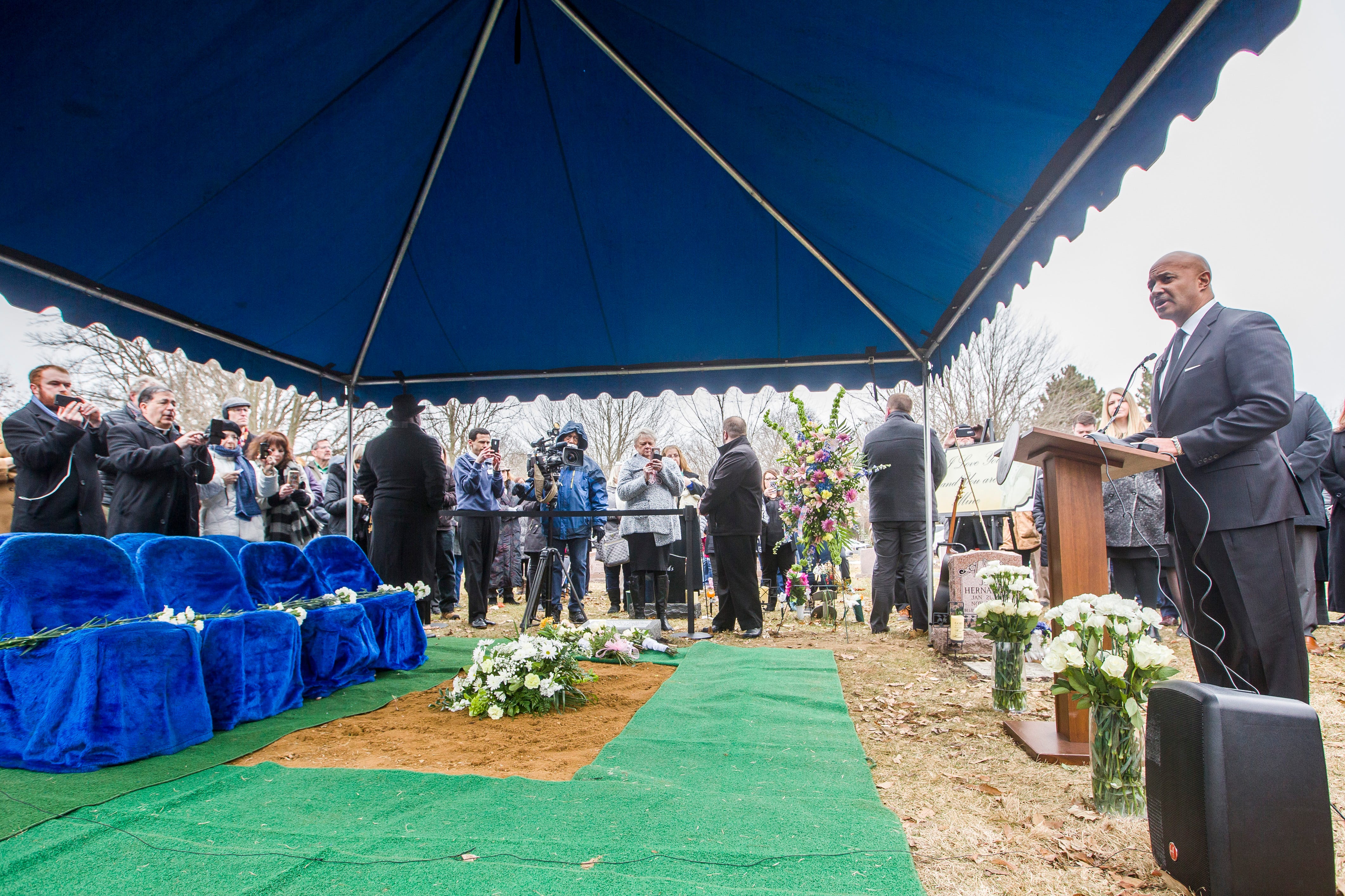 Indiana Attorney General Curtis Hill speaks at a burial service for fetal remains found at the home of an abortion doctor on Wednesday, Feb. 12, 2020, at Southlawn Cemetery in South Bend.