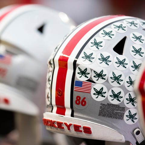 A general view of Ohio State Buckeyes helmets.