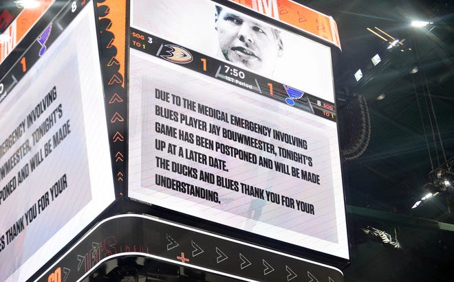 The announcement at Honda Center that the Blues-Ducks game was postponed.