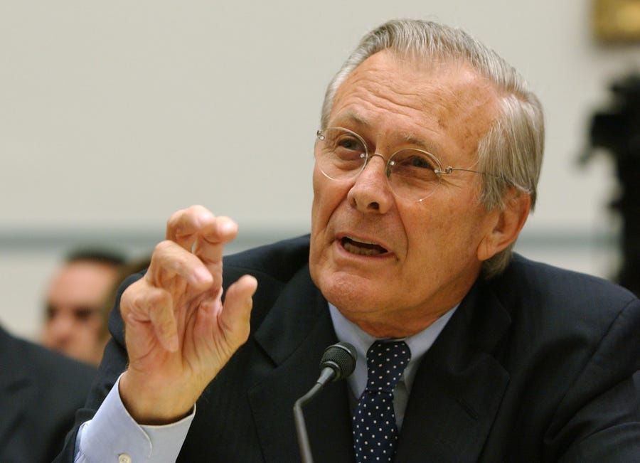 Former Defense Secretary Donald H. Rumsfeld testifies on Capitol Hill in Washington, Aug. 1, 2007, before the House Oversight and Government Reform Committee hearing to discuss the death of former football star and soldier Pat Tillman.