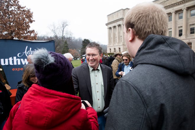 U.S. Rep. Thomas Massie speaks to people at a second amendment rally outside the Kentucky State Capitol building in Frankfort, Ky. on Friday. Jan. 31, 2020. 