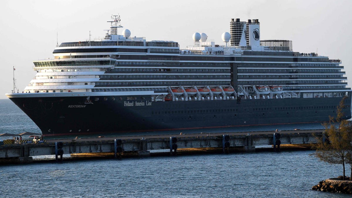 Holland America's MS Westerdam arrives at the port in Sihanoukville, Cambodia on Thursday, Feb. 13. The ship was turned away from three other disembarkation ports in Japan, Guam and Thailand despite not having any cases of coronavirus on board.