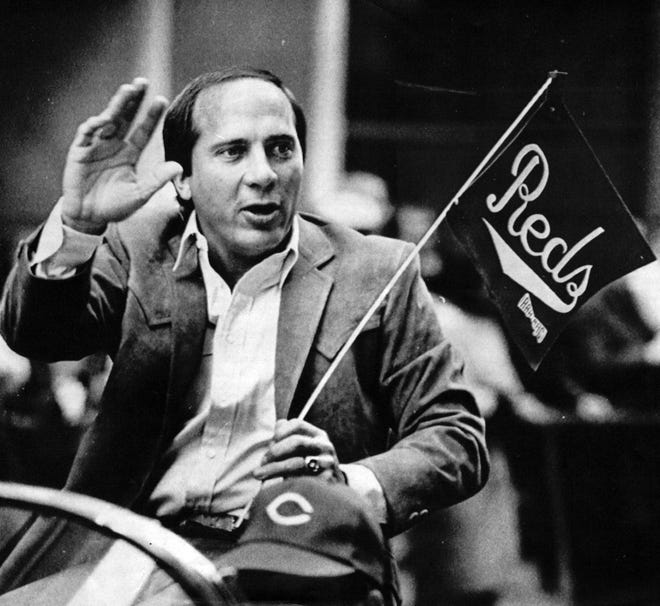 APRIL 20, 1984: Former Cincinnati Reds catcher Johnny Bench waves to the crowds lining the parade route in downtown Cincinnati Monday before the opening game of the baseball season. Bench, who retired last year, was marshal for the parade.