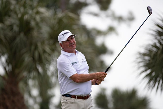 Fred Couples of Newport Beach, California, tees off at the 10th hole during the first day of the Chubb Classic, Friday, Feb. 14, 2020, at Lely Resort in Lely, Florida.
