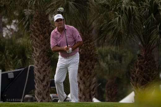 David Frost of Delray Beach, Florida tees off at the 10th hole during the first day of the Chubb Classic, Friday, Feb. 14, 2020, at Lely Resort in Lely, Florida.