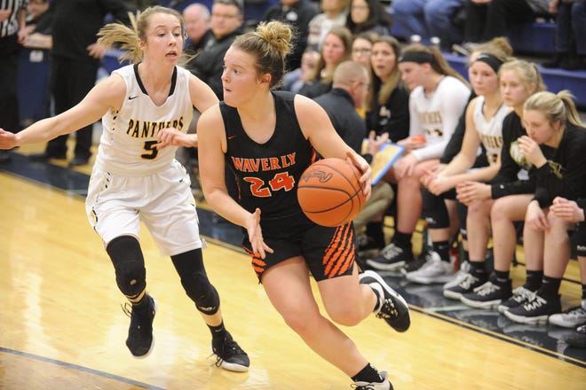 Waverly's Zoiee Smith dribbles the ball during a 50-36 loss to Miami Trace in D-II Sectional Final on Saturday Feb. 15, 2020 at Adena High School in Frankfort, Ohio.