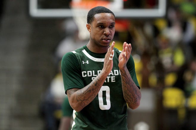 Colorado State redshirt senior guard Hyron Edwards claps after a called foul during the Border War men’s basketball game against the University of Wyoming Saturday, Feb. 15, 2020, at Arena-Auditorium in Laramie.