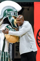 Michigan State football coach Mel Tucker hugs Sparty during a broadcast of ESPNu2019s College GameDay on Saturday, Feb. 15, 2020, at the Breslin Center in East Lansing.