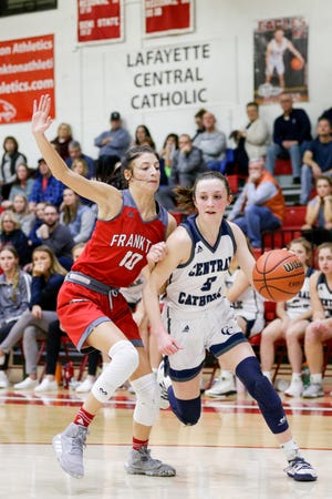 Central Catholic's Tori Thompson (5) dribbles against Frankton's Addie Gardner (10) during the fourth quarter of the IHSAA girls basketball regional #10 championship game, Saturday, Feb. 15, 2020 in Frankton.