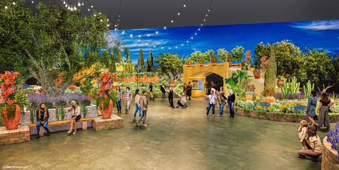 Vibrant colors in this artist rendering accentuate what will be the entrance to Riviera Holiday, the theme of this year's Philadelphia Flower Show when it opens Feb. 29 at the Philadelphia Convention Center through March 8.