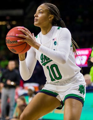 Notre Dame's Katlyn Gilbert (10) sets up for a shot during an NCAA college basketball game against Louisville on Thursday, Jan. 30, 2020, in South Bend, Ind. Louisville won 86-54.