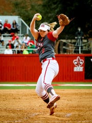 UL P Summer Ellyson delivers home during the matchup between UL and Samford at Lamson Park in Lafayette, Louisiana on February 15, 2020.