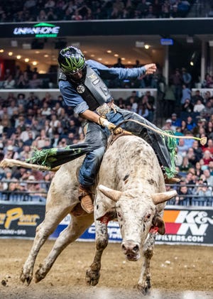 Wallace Vieira de Oliveira rides bull Sky Jack during the Professional Bull Riders Pendleton Whisky Velocity Tour at the FedExForum on Saturday, February 15, 2020.
