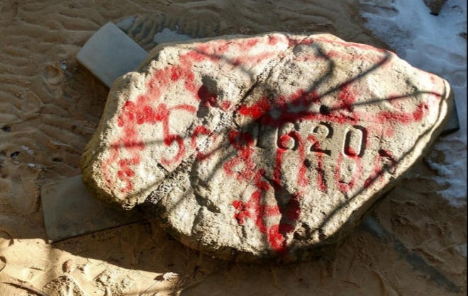 Vandals targeted Plymouth Rock and other waterfront monuments and statues in Plymouth, Massachusetts, overnight Sunday.