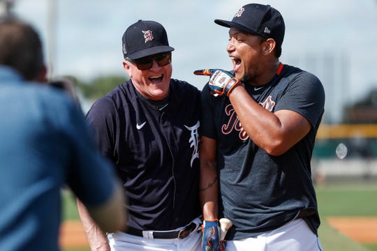 Outfield and base running coach Gene Roof shares a laugh with Miguel Cabrera during Detroit Tigers spring training at TigerTown in Lakeland, Fla., Tuesday, Feb. 18, 2020.