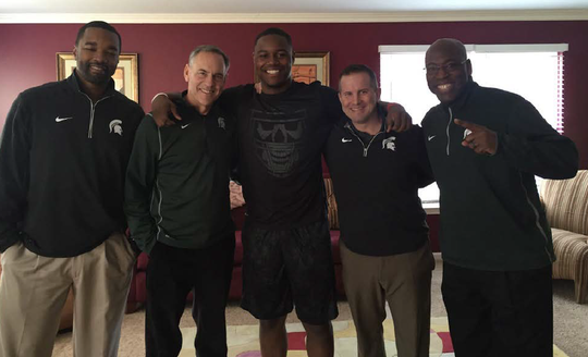 From left, Curtis Blackwell, Mark Dantonio. Daelin Hayes, Mike Tressel, and Harlon Barnett at Hayes' home taken in December 2015, according to a court affidavit.