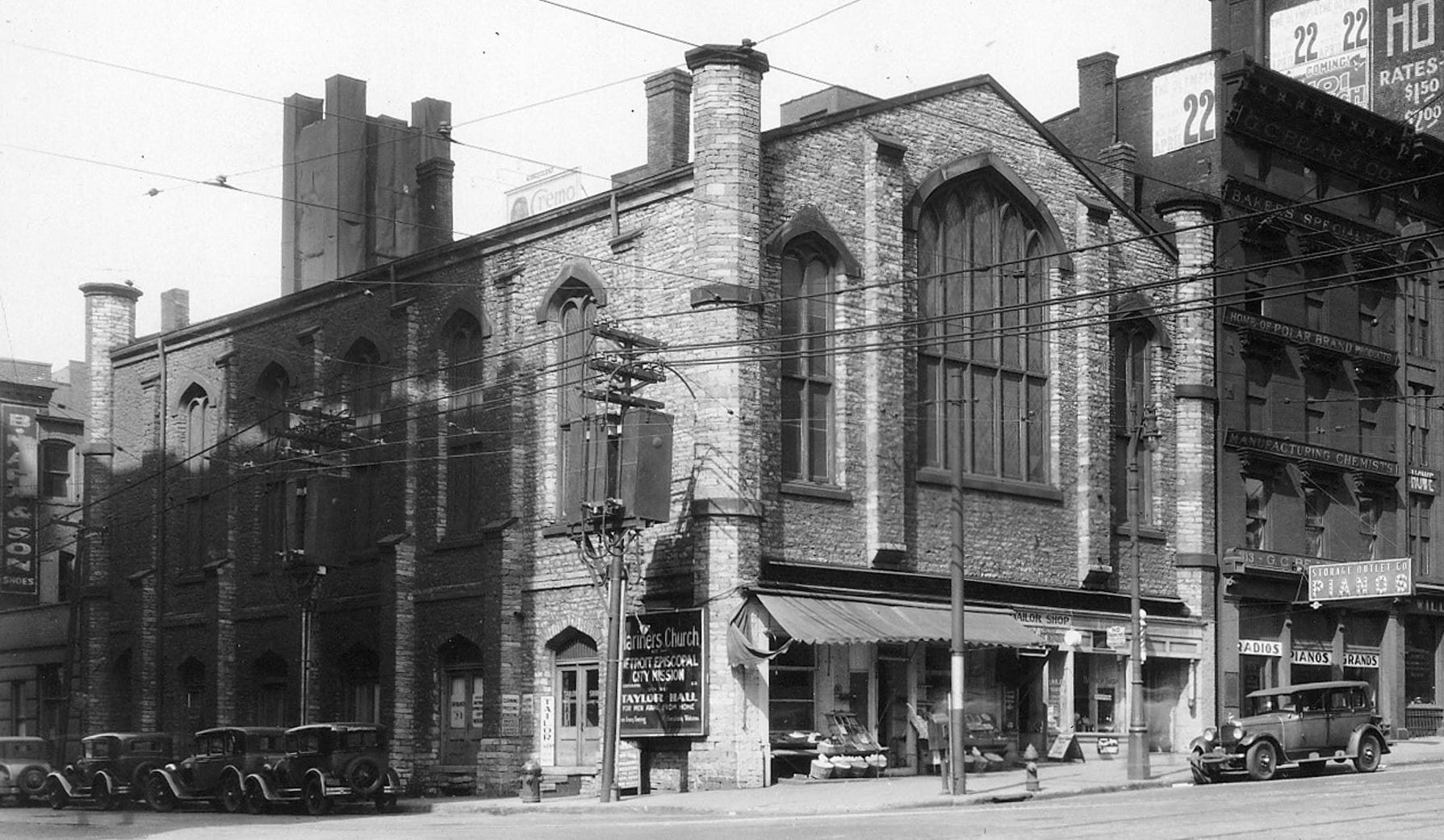 Mariners Church, the Detroit Episcopal City Mission and Taylor Hall for Men Away from Home sat on Woodward on the site now occupied by Hart Plaza in 1934.