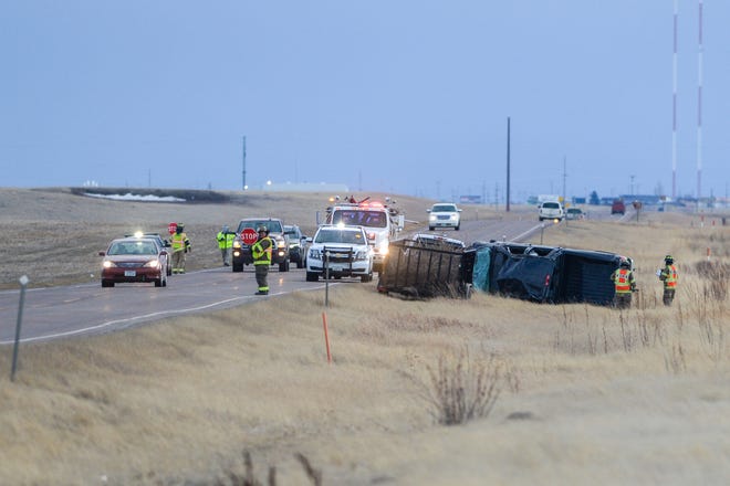 A single-vehicle rollover on the southbound shoulder of Highway 87, near Morony Dam Road, north of Great Falls on Monday evening.