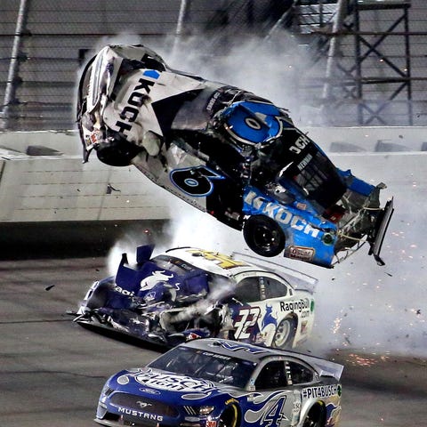 Ryan Newman (6) goes airborne during a last-lap cr