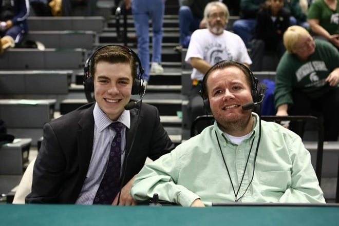 Michigan State women's basketball radio color analyst Mo Gerhardt, right, is pictured with play-by-play Keaton Gillogly. Gerhardt is fighting his way back courtside after some health issues led to spending five months in the hospital.