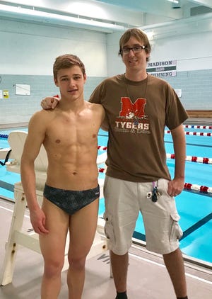 Mansfield Senior coach Jacob Perl with Tyger junior Chase Blackstone, the school's first state qualifier in swimming since 2014