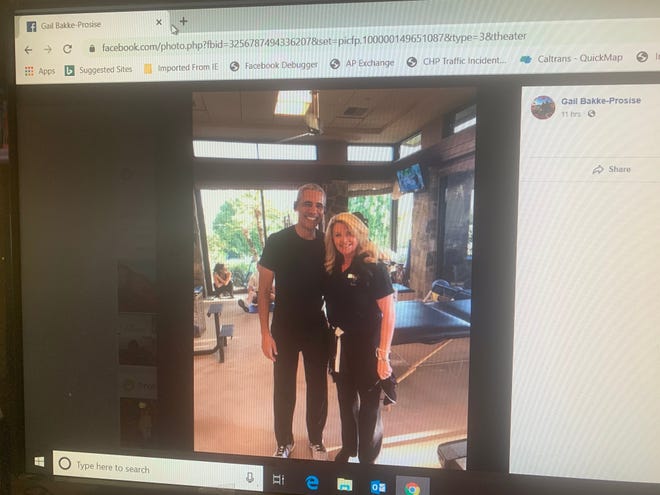 This photo from Palm Desert resident Gail Bakke-Prosise's Facebook page shows her with former President Barack Obama. He was reportedly in Rancho Mirage Monday for Presidents' Day.