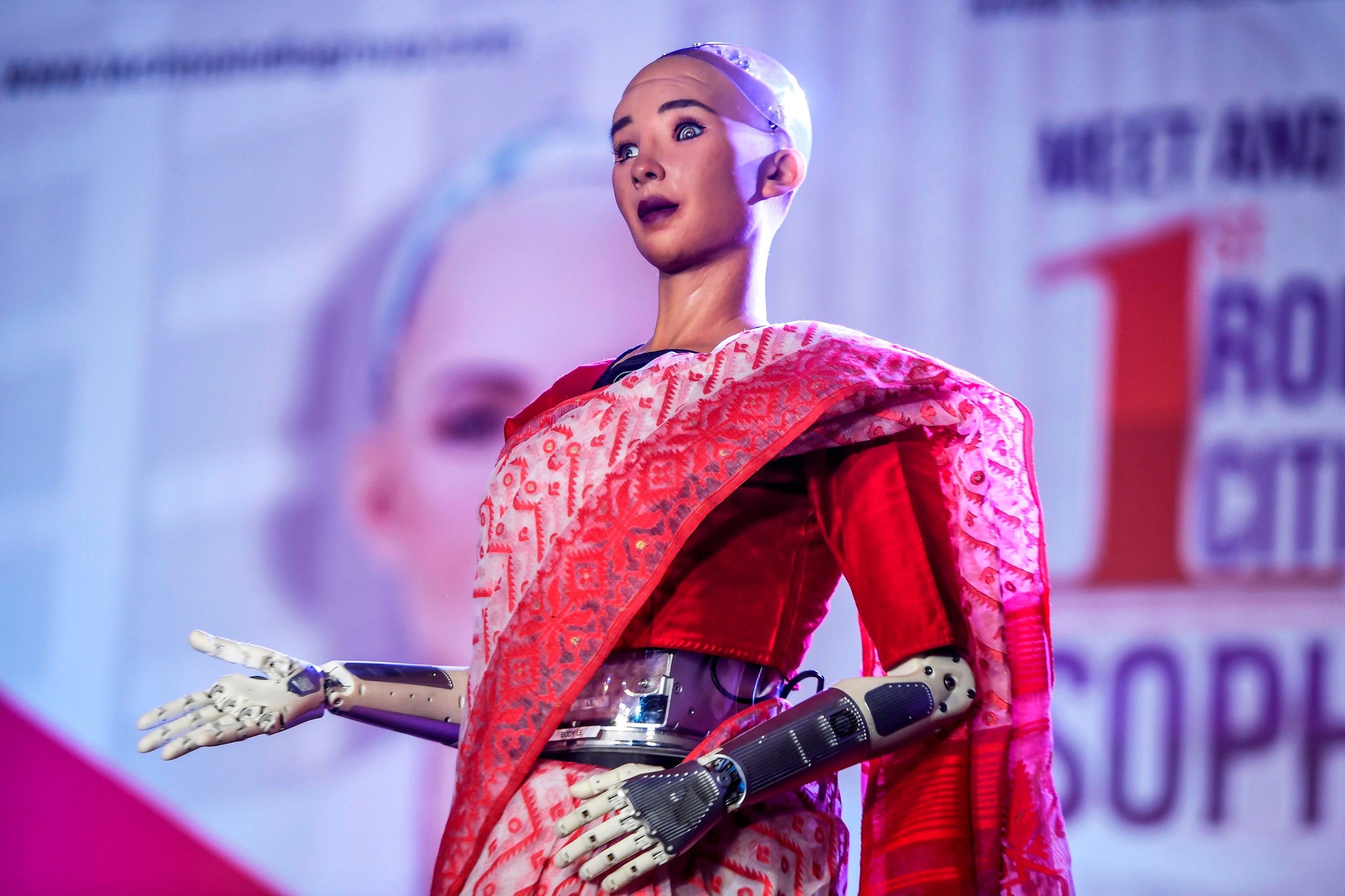The humanoid robot Sophia, developed by Hong Kong based company Hanson Robotics, appears on stage in front of students and other professionals during a session on artificial intelligence in Kolkata, India on Feb. 18, 2020.