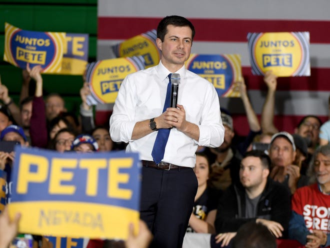 Democratic Presidential candidate Pete Buttigieg speaks during a rally at Rancho High School February 16, 2020, in Las Vegas, Nevada.