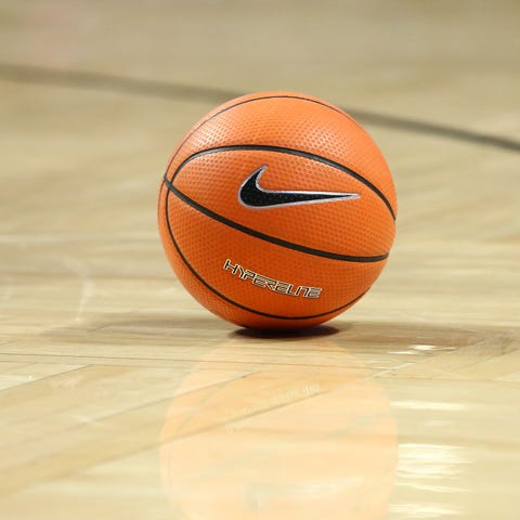 A general view of a basketball on the court during