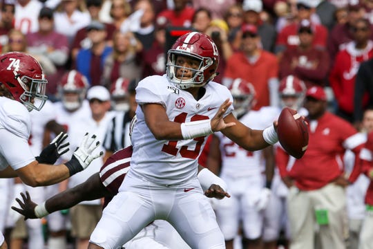 Alabama quarterback Tua Tagovailoa passes against Texas A&M on Oct. 12, 2019 in College Station, Texas.