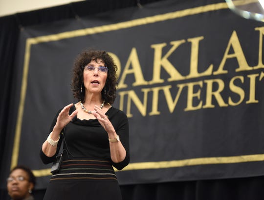 Oakland University's President Ora Hirsch Pescovitz announces the "Strive for 45: Invest in Student Success" initiative at the Rochester Campus.