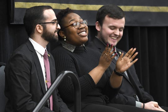 Oakland University students Ghazi Ghazi, left, Destinee Rule and Chris Russell spoke of their college experiences before President Ora Hirsch Pescovitz announced the "Strive for 45: Invest in Student Success" initiative Wednesday, Feb. 19, 2020, at the school's Rochester campus.