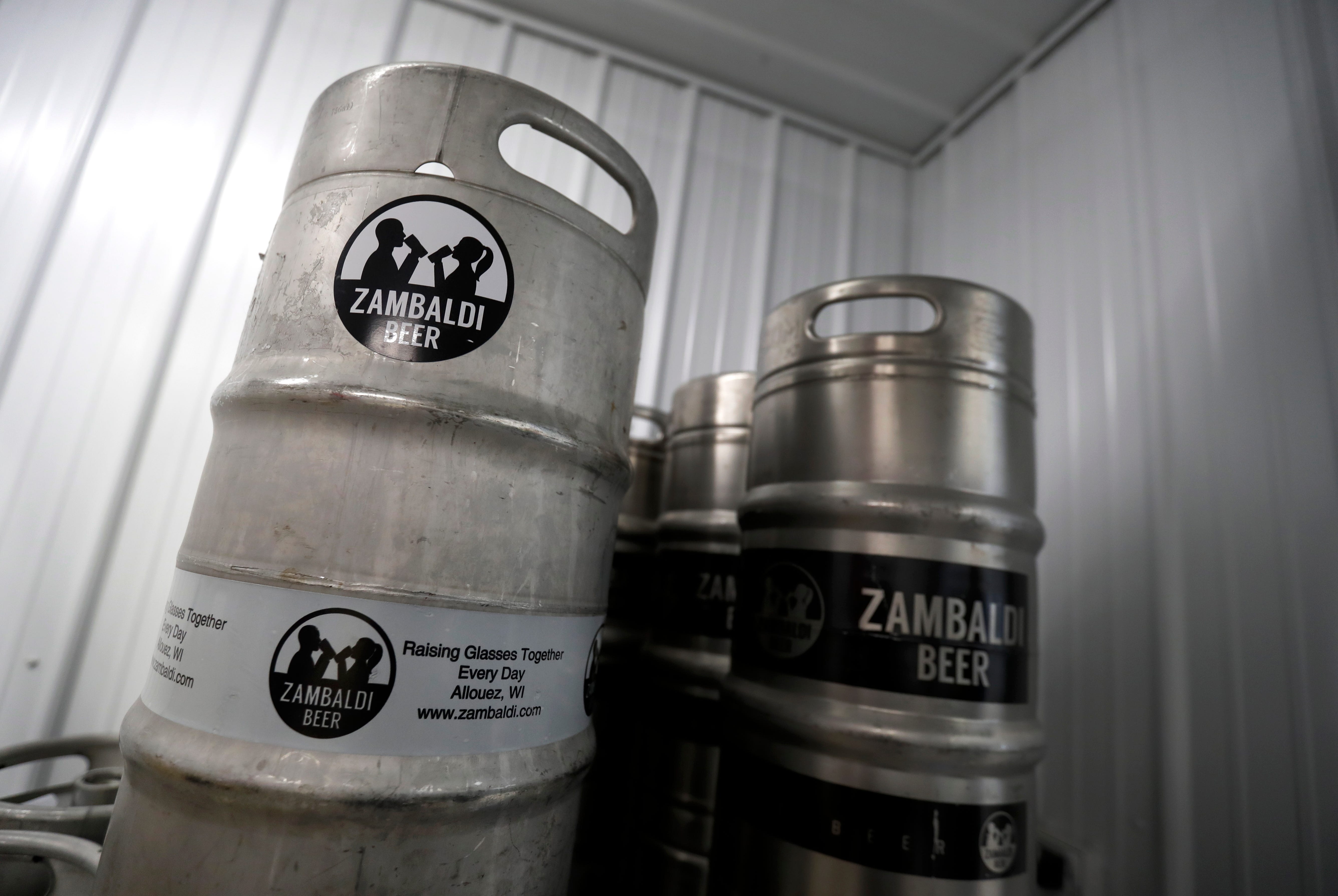 Kegs of Zambaldi Beer are stacked in the newly opened brewery and taproom  in Allouez.