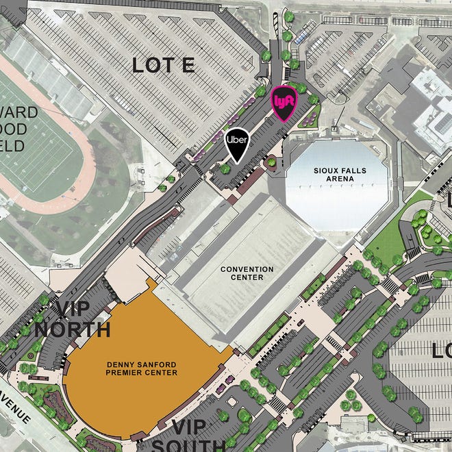 The Denny Sanford Premier Center ride share drop off and pick up location is being moved to the northeast corner of the building, near the Convention Center and arena.